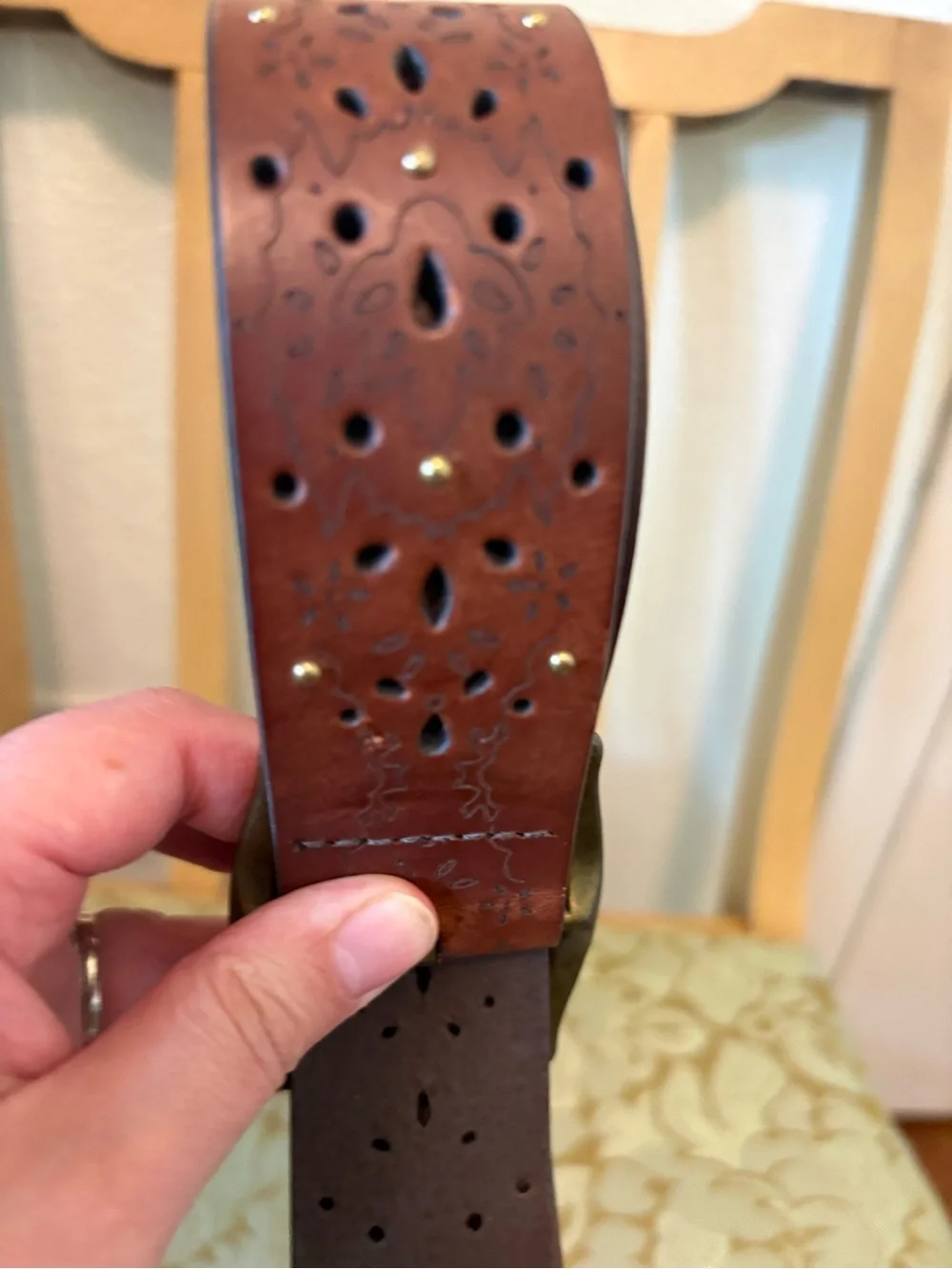 Women's Brown Leather Brass Studs Perforated Belt with Brass-Tone Buckle